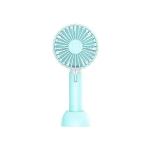 Blue mini USB electric fan with three-speed control on desk