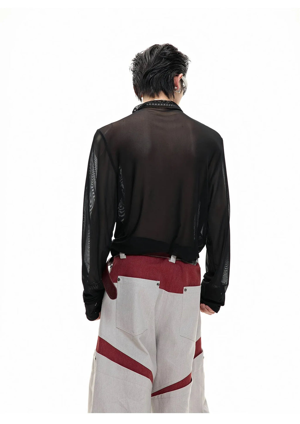 Slim fit long sleeve mesh shirt in black on a hanger, showing its lightweight texture and modern cut.