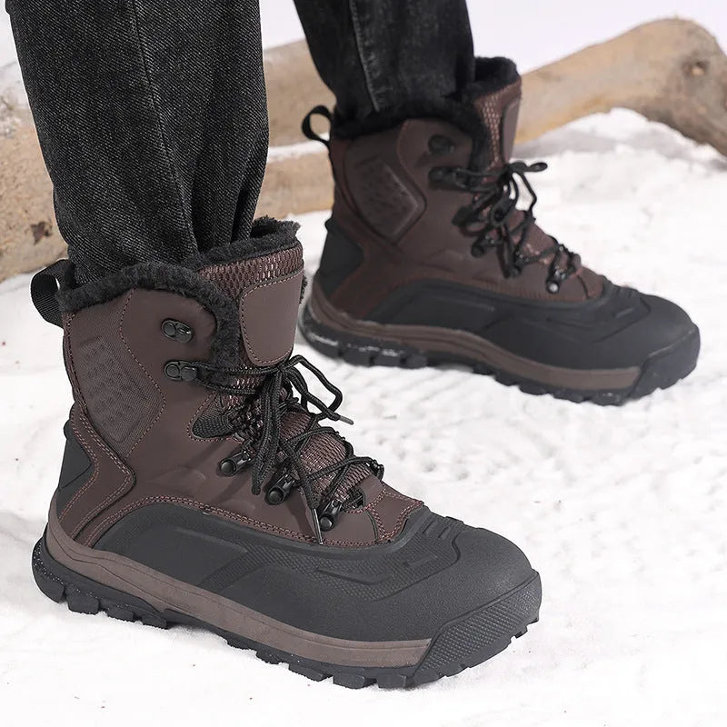 Men's black high-top lace-up boots with fleece lining, shown on a size chart from 39 to 48