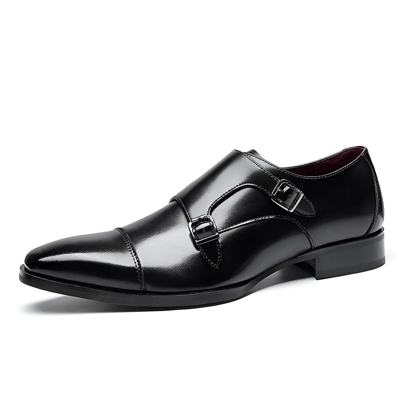 Men's black and light brown leather business shoes with square toe and rubber sole
