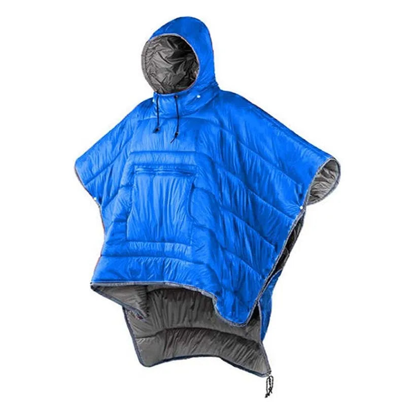 Army Green wearable cloak sleeping bag unfolded showing 200x140cm dimensions and cape design