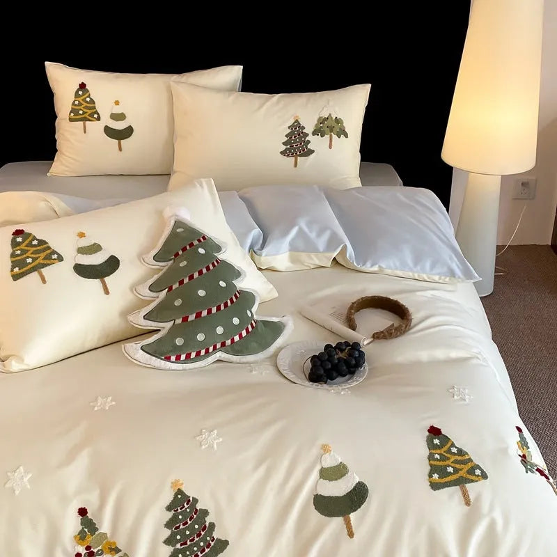 Christmas tree embroidered cotton bedding set with duvet cover, sheet and pillowcases