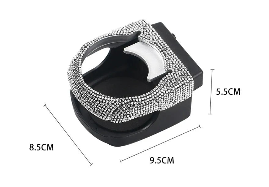 White diamond rhinestone car air vent cup holder bracket showing clip mechanism