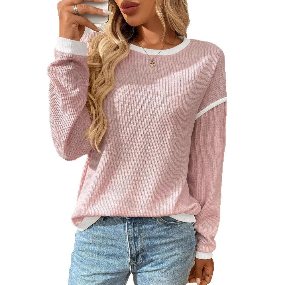 Women's loose round neck polyester pullover top in light blue colour with long sleeves