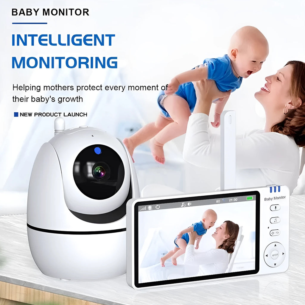 White 5-inch HD baby monitor with camera on a nursery shelf.