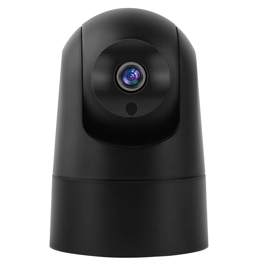 White square indoor security camera with lens and status light on front, shown next to its power adapter.