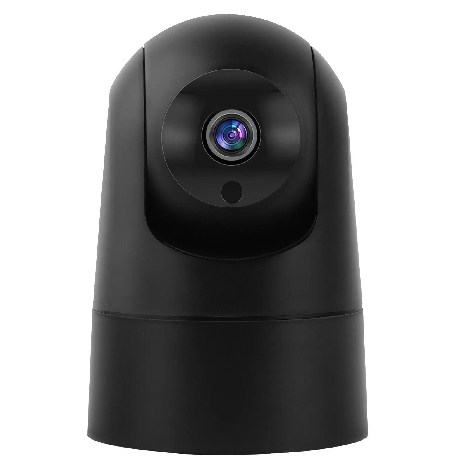 White square indoor security camera with lens and status light on front, shown next to its power adapter.