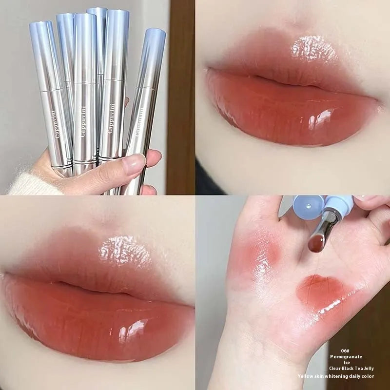 Mirror Water Light Fashion Lip Gloss Lipstick in six sheer colours: almond, pear, raspberry, peach, pomegranate, and silver ice.