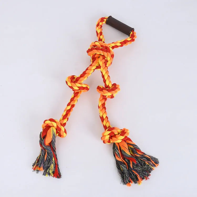 Blue and yellow heavy-duty cotton rope tug toy for large dogs with a sturdy handle.