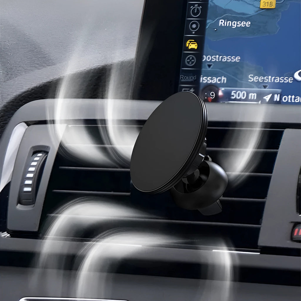 Black aluminium magnetic car phone holder mounted on vehicle air vent
