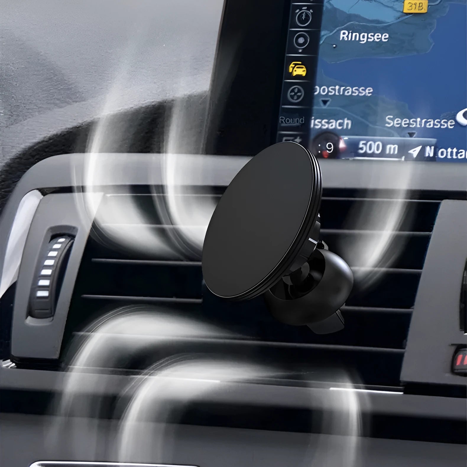 Black aluminium magnetic car phone holder mounted on vehicle air vent