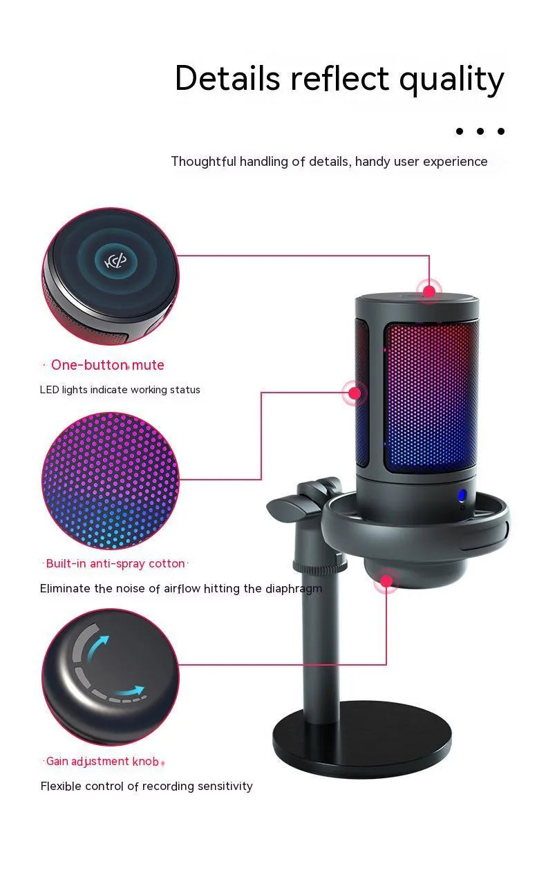 RGB condenser microphone for computer streaming with 150cm cable in black, pink or white colours