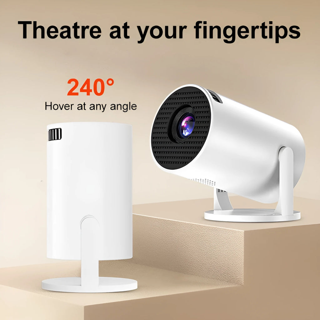 White wireless portable projector showing 1080p HD resolution specification