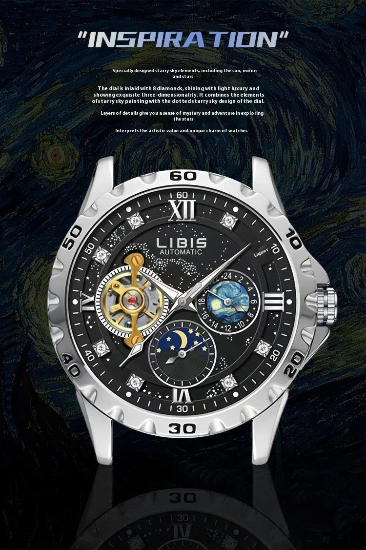 Men's silver automatic mechanical watch with black dial, luminous markers, and genuine leather strap