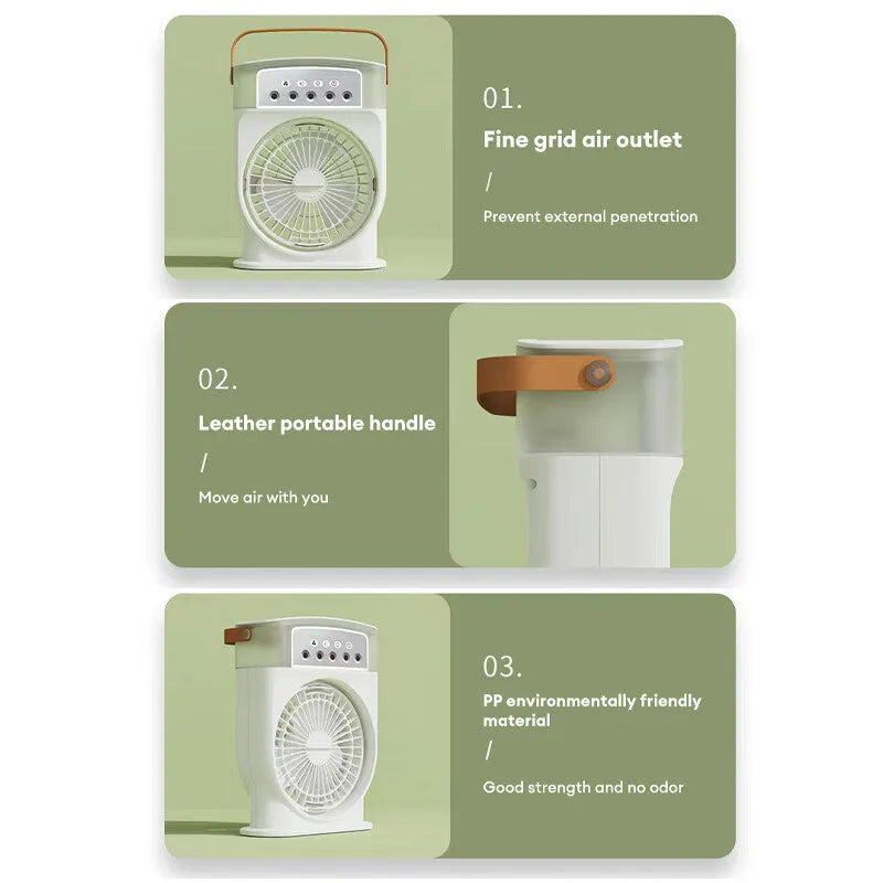 Portable USB air conditioner cooling fan with 5 spray mist outlet, 600ml water tank, 7 colour LED lights, and leather handle in white
