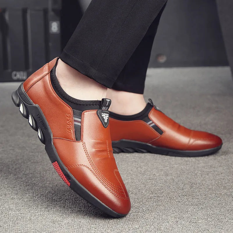 Men's black and brown PU leather business casual loafers with flat heel on size chart