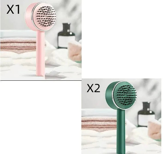 Plastic air cushion comb with long handle in white, green, and pink colours for hair detangling and styling