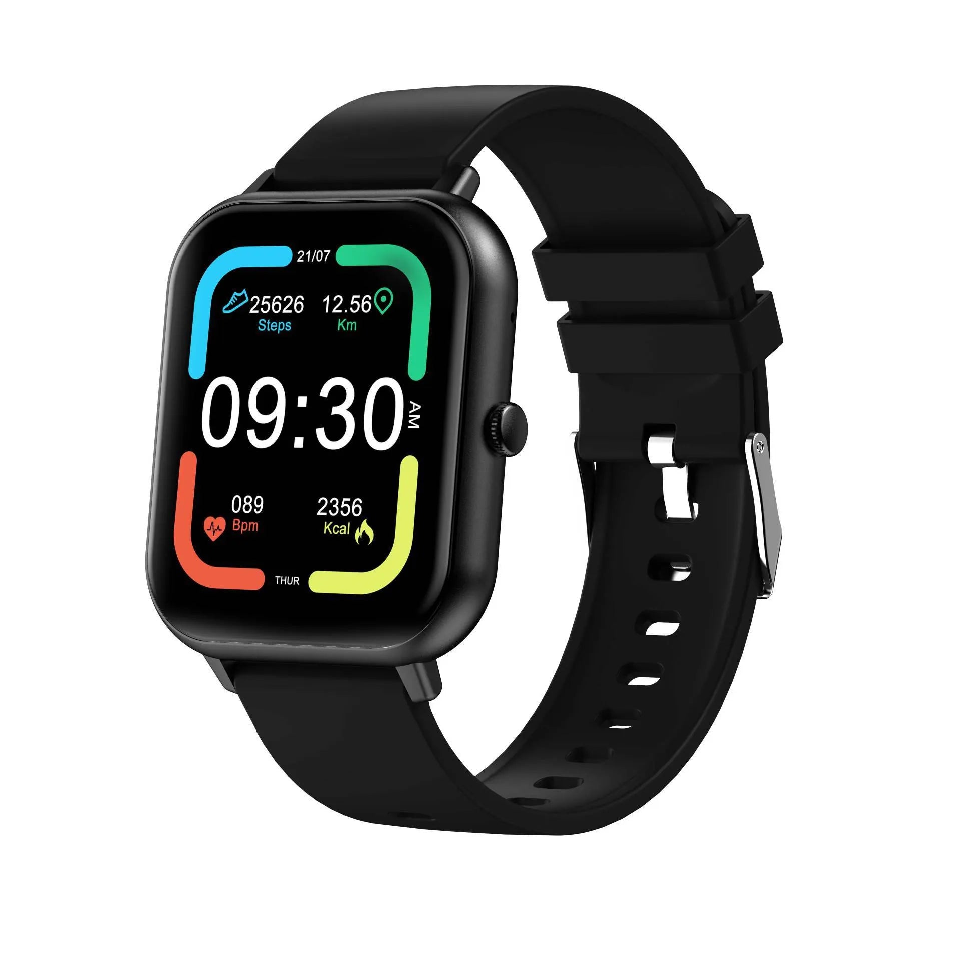 Bluetooth smart watch with heart rate monitor on wrist, showing black, silver grey, pink, and khaki colour options.