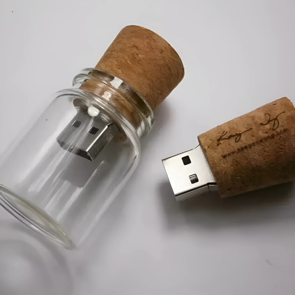 Transparent wooden drift bottle shaped USB flash drive measuring 60 by 28mm