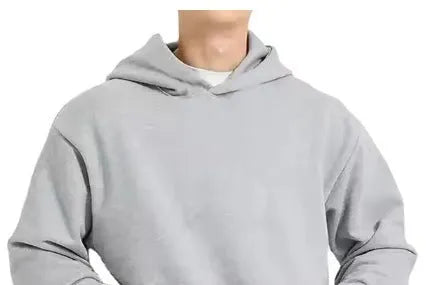 Men's grey fleece-lined cotton pullover hoodie with wool lining and threaded long sleeves