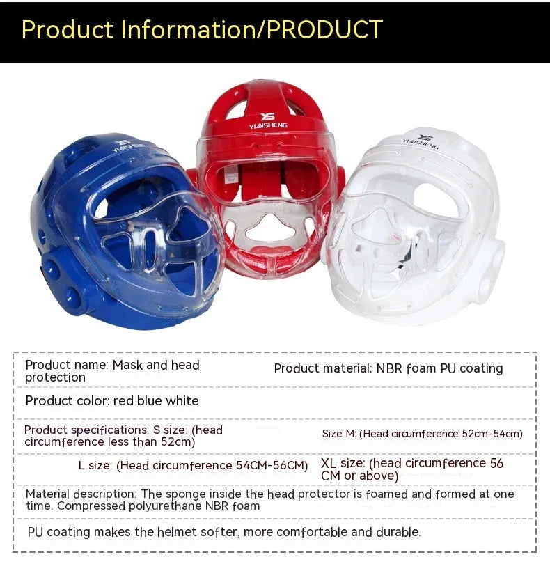 Karate boxing helmet protective equipment in white, blue and red colours showing head coverage design