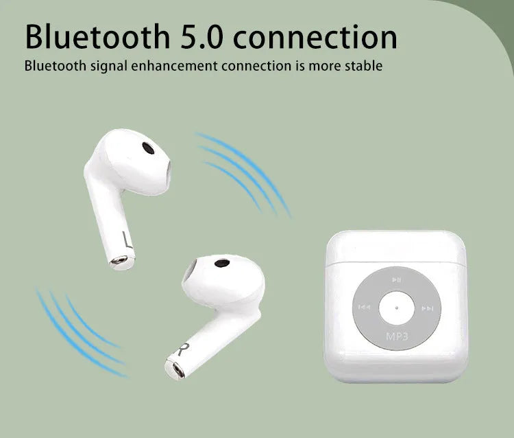 White wireless Bluetooth semi in-ear earphones and their compact charging case on a solid background.