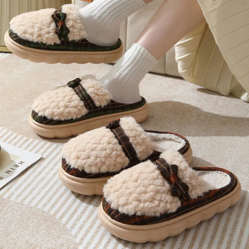 Women's winter plush slippers with bow button, non-slip thick sole, in brown colour