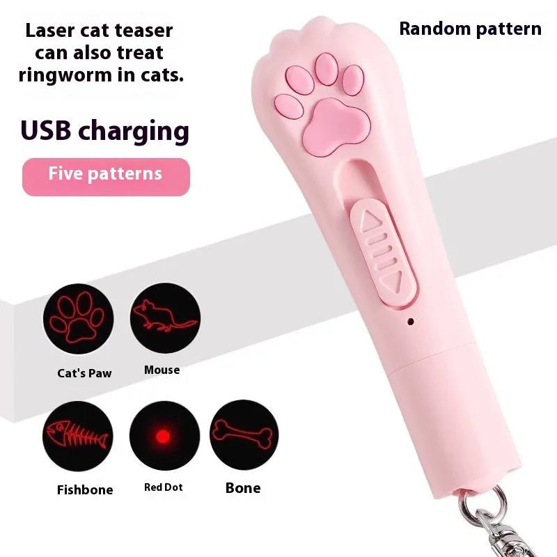 Rechargeable cat teaser toy with feather attachment and pen light in pink, cream white, or sky blue colour options