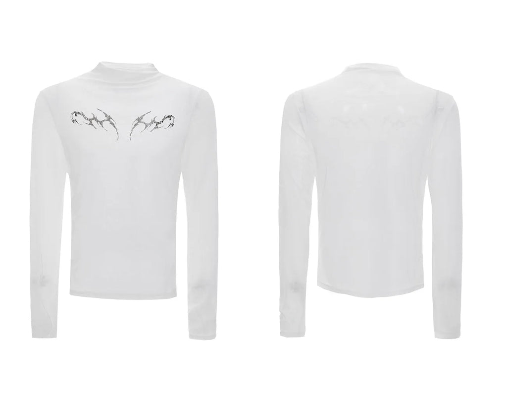Slim fit long sleeve mesh shirt in black on a hanger, showing its lightweight texture and modern cut.