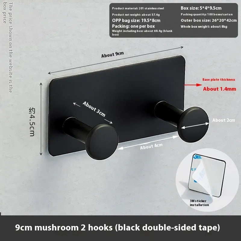 Punch-free screwless shower door hook with mushroom-shaped hooks in three size options