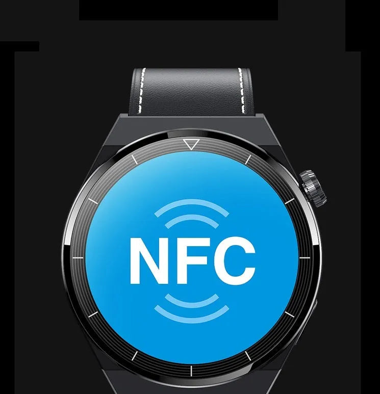 Black Android smart watch with round 1.36-inch screen showing interface, silicone band, Bluetooth and NFC features