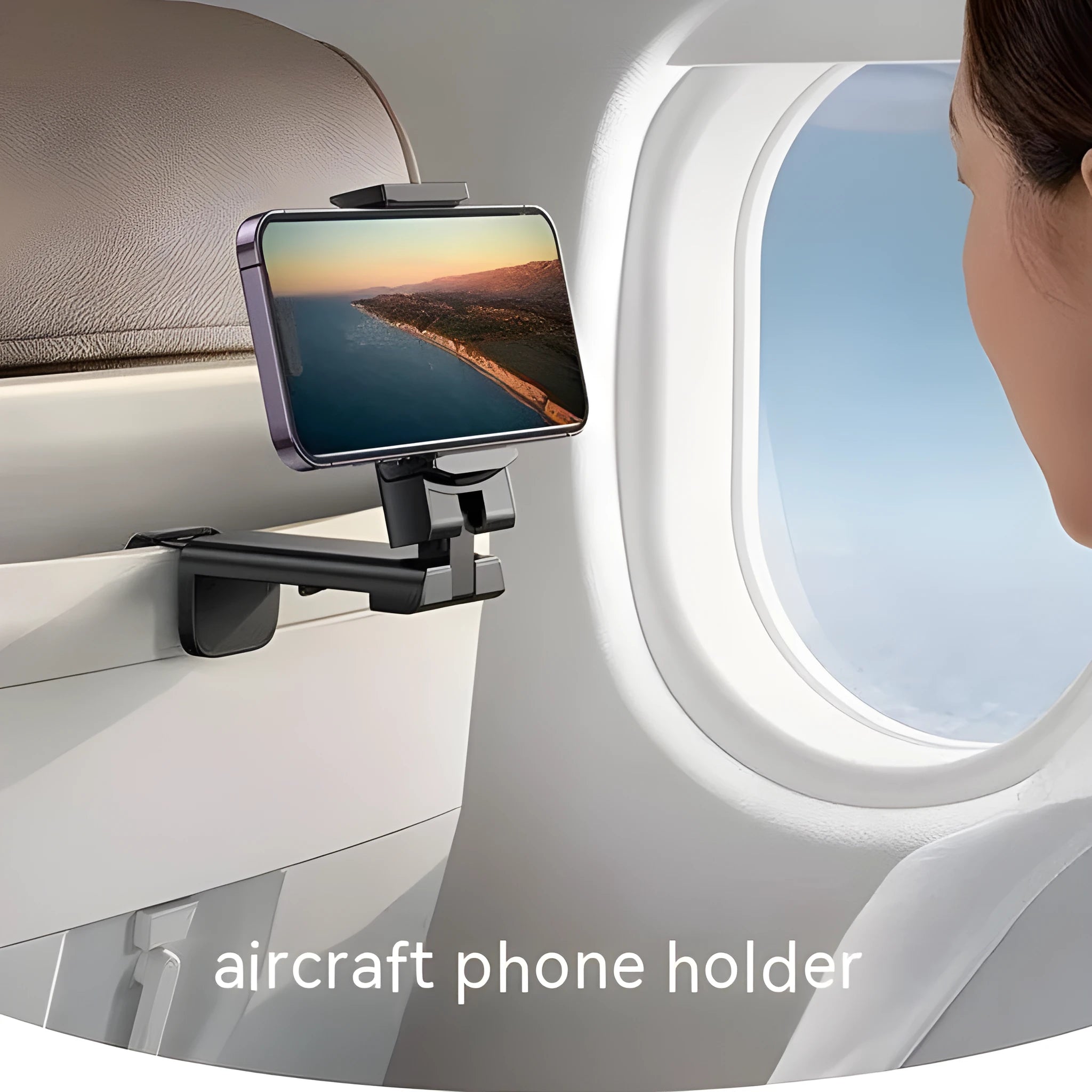 Foldable rotating phone holder in black with mobile phone attached showing adjustable angle mechanism