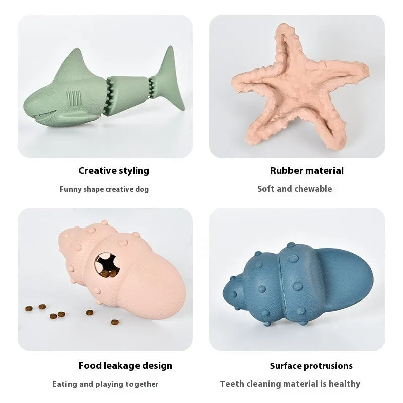 Deep sea shark themed rubber dog toy with squid shape in blue and green colour variations