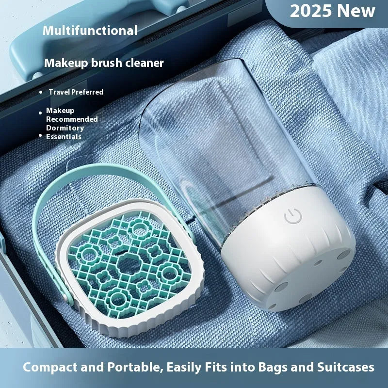 White plastic electric makeup brush cleaner with rechargeable battery and USB cable