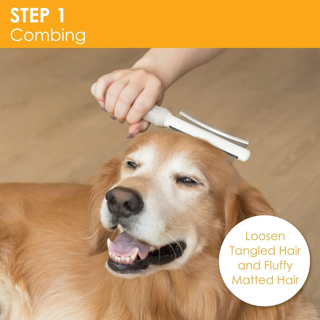 White 2-in-1 pet grooming brush showing comb side and deshedding blade side.