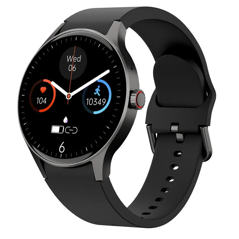 Black unisex smartwatch with a round 1.43-inch screen on a wrist, showing a fitness tracker display.