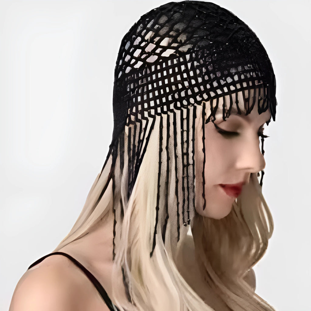 Handmade beaded belly dance hat with tassel decorations in silver colour