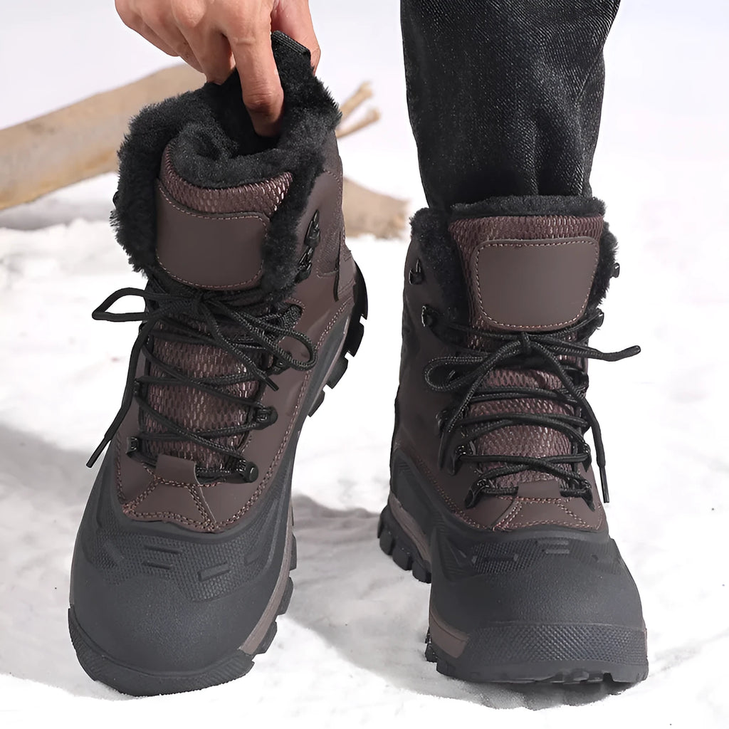 Men's black high-top lace-up boots with fleece lining, shown on a size chart from 39 to 48