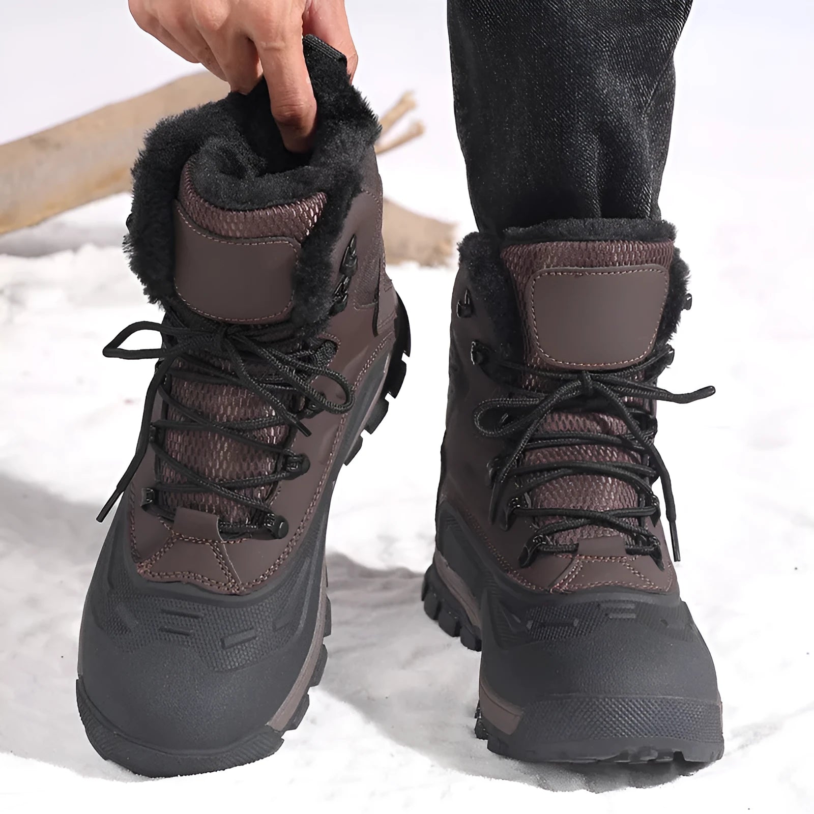 Men's black high-top lace-up boots with fleece lining, shown on a size chart from 39 to 48