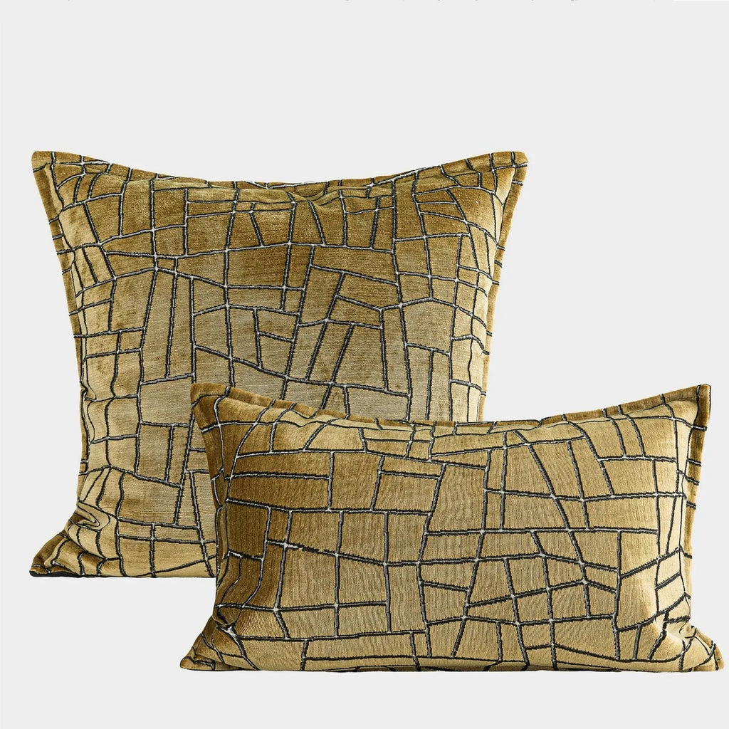 Geometric abstract pattern cushion cover in gold colour with square and waist pillow size options