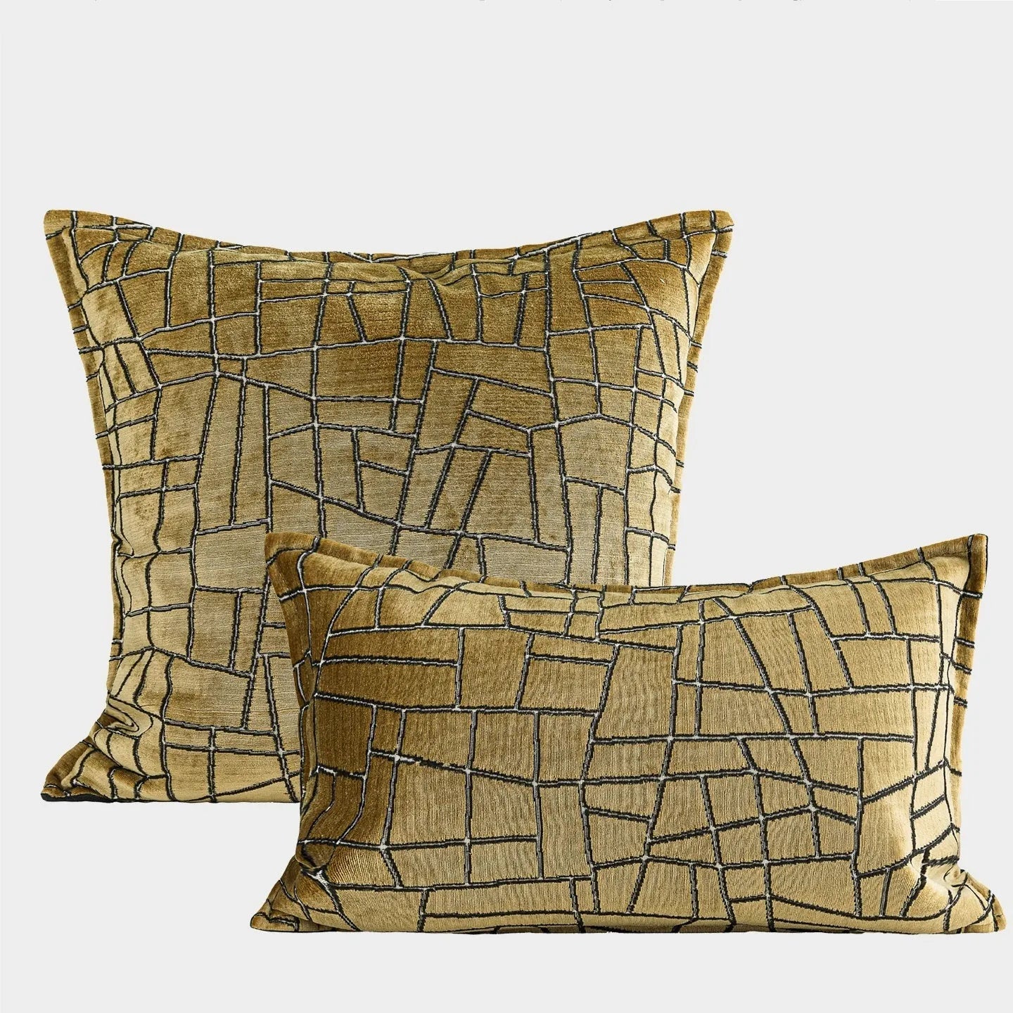 Geometric abstract pattern cushion cover in gold colour with square and waist pillow size options