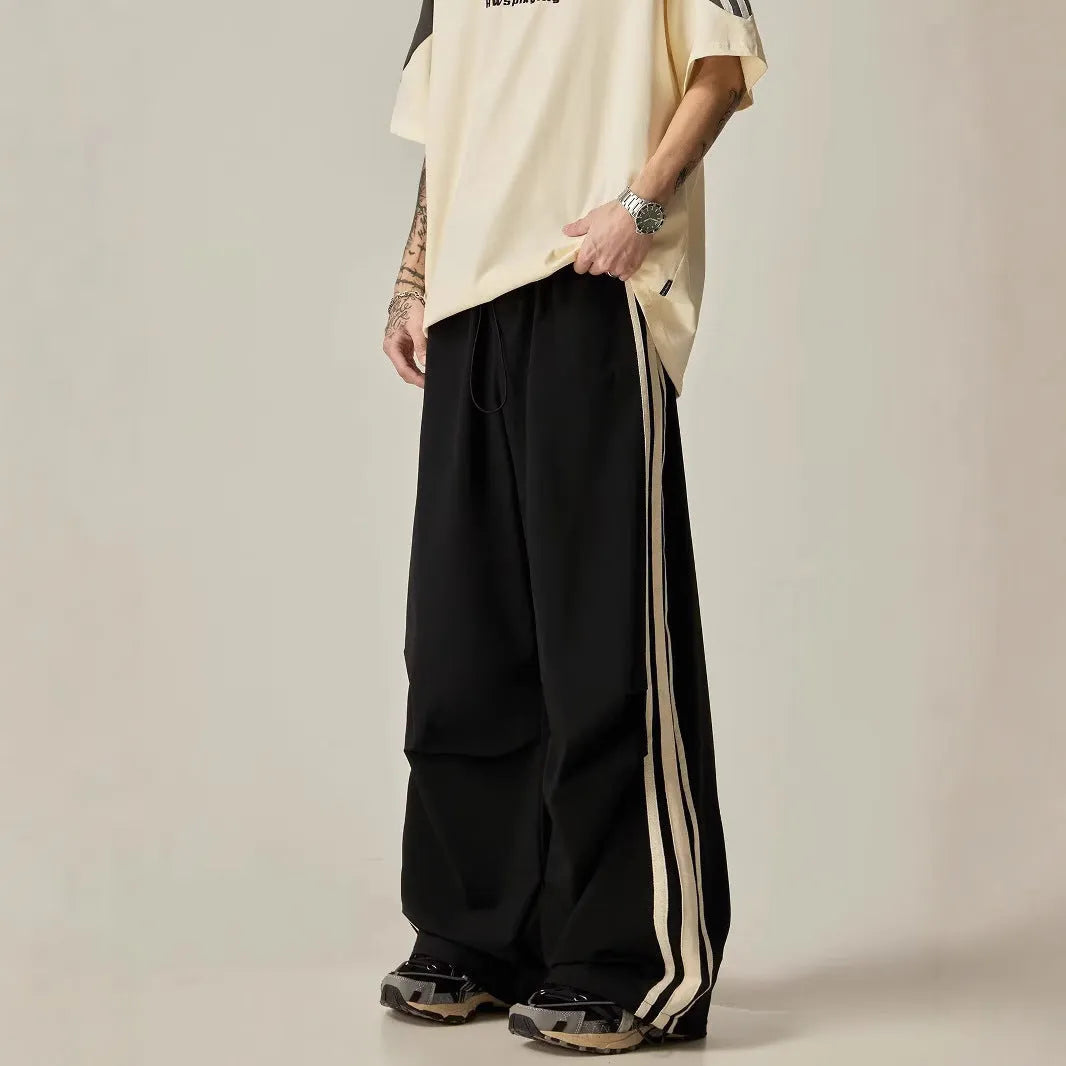 Black men's wide leg climbing trousers with high waist and straight leg design