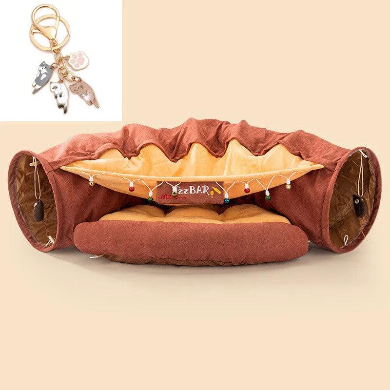 Collapsible cloth cat tunnel in four colour options showing 45cm by 50cm dimensions