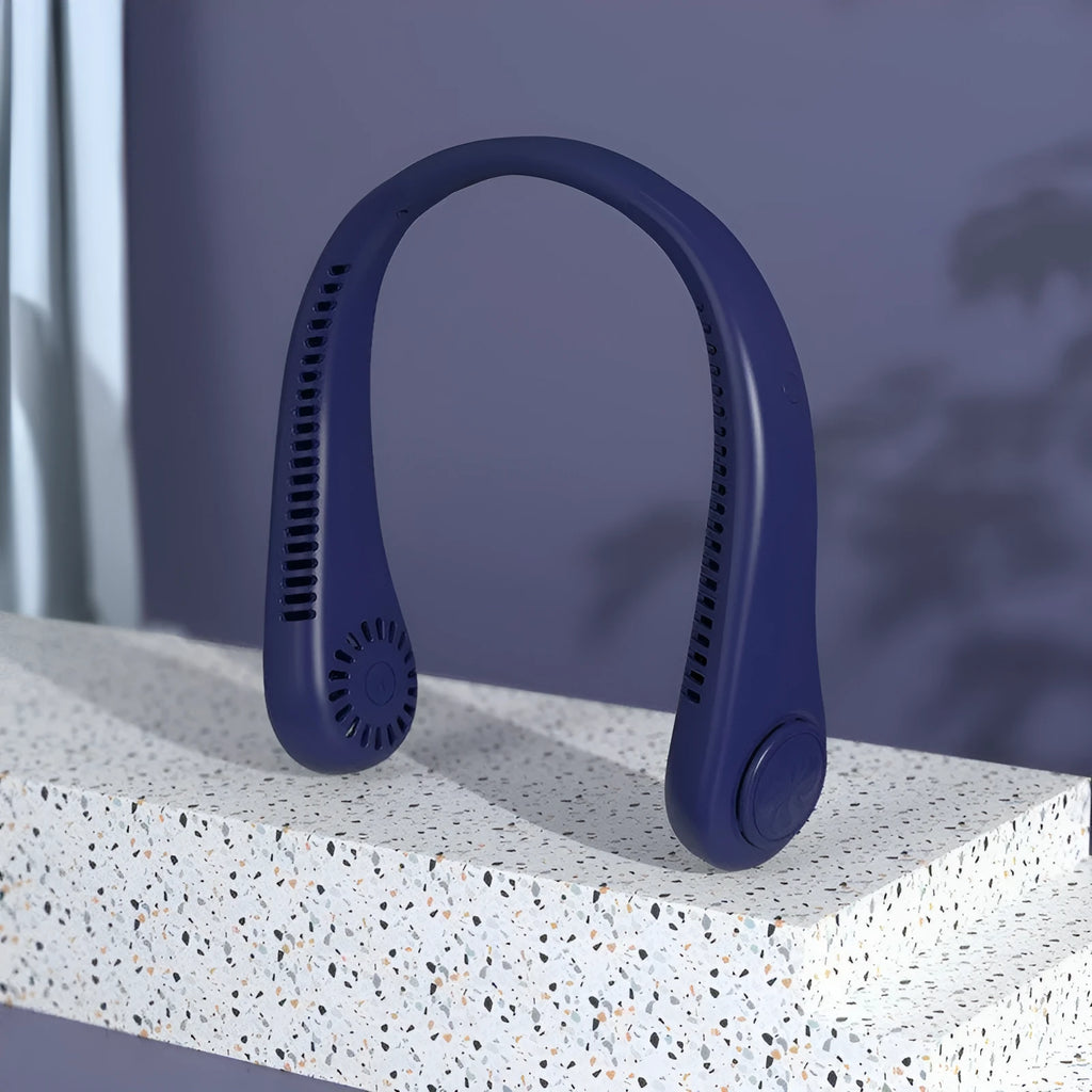 Blue bladeless neck fan with a flexible neckband, showing USB charging port and control buttons.
