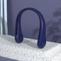 Blue bladeless neck fan with a flexible neckband, showing USB charging port and control buttons.