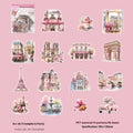 Retro style architecture journal stickers showing Paris Arc de Triomphe, London Big Ben, Maldives, Zurich, Rome, and Bangkok designs
