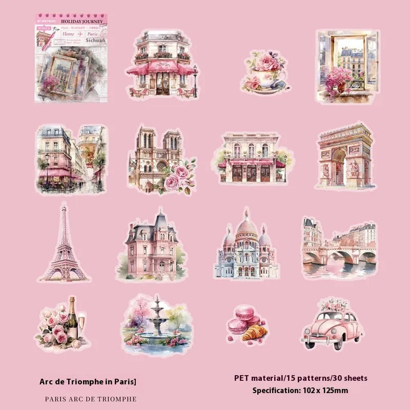 Retro style architecture journal stickers showing Paris Arc de Triomphe, London Big Ben, Maldives, Zurich, Rome, and Bangkok designs