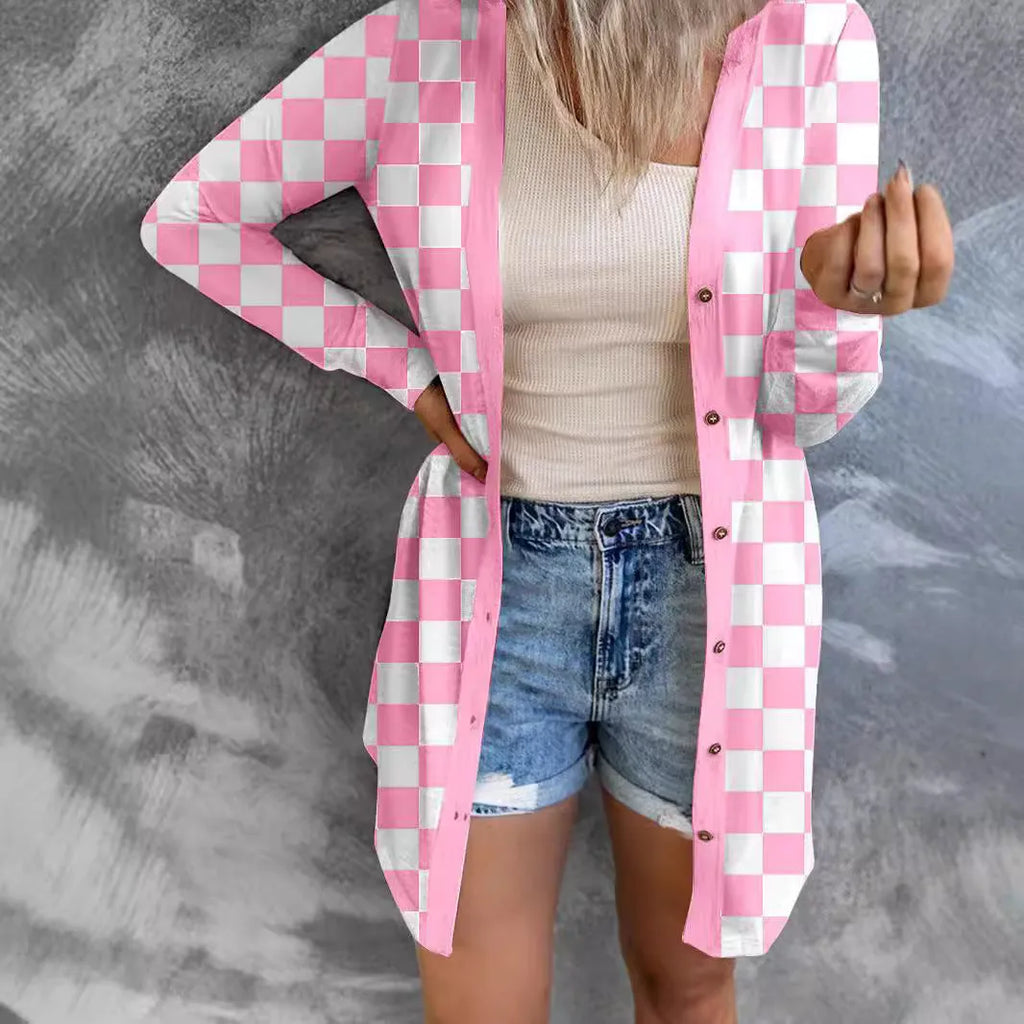 Women's long grey plaid knitted cardigan coat with loose fit and regular sleeves on a model.