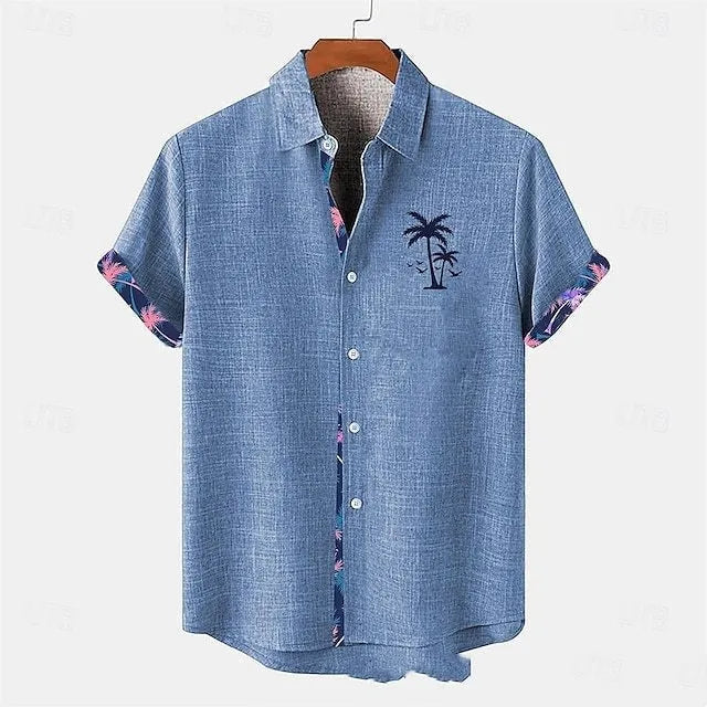 Linen short sleeve shirt with ocean fish pattern lapel in loose fit casual style