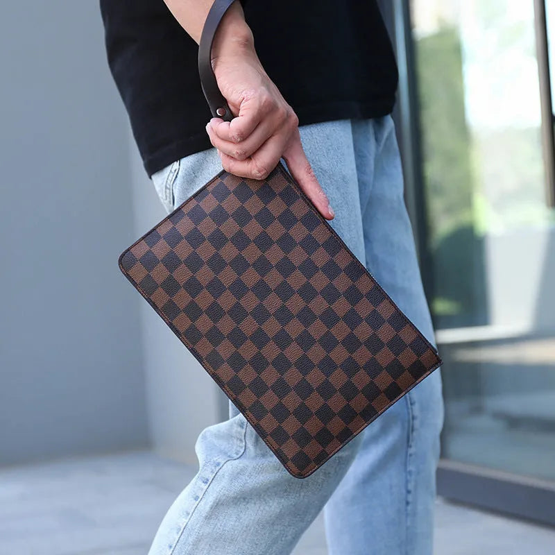 Men's soft PU leather clutch wallet with checkered pattern showing six card slots and zipper pocket